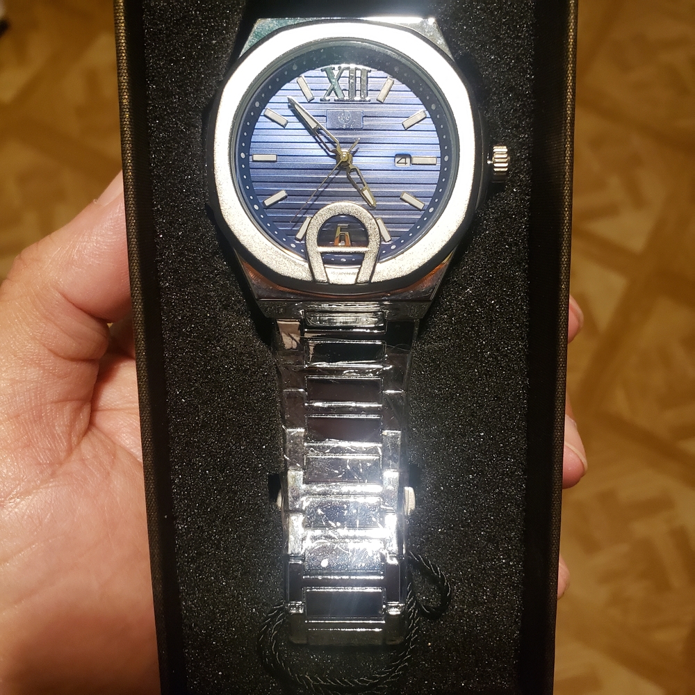 Men's Silver Stainless Steel Watch with Blue Dial